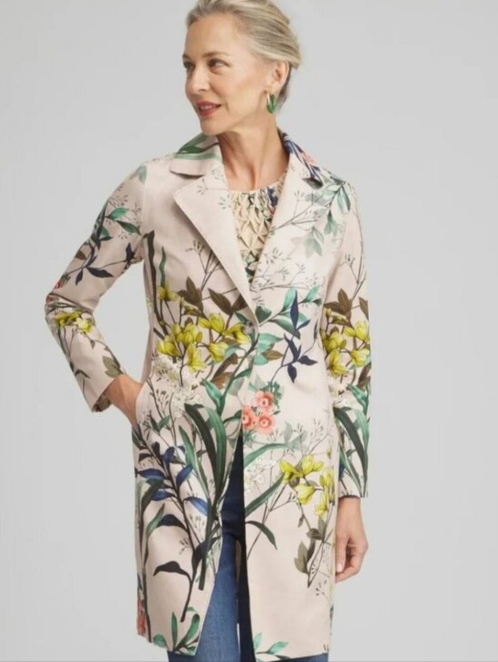 Chico's Floral Cotton Canvas Long Sleeve Topper Coat Floral Neutral 10
